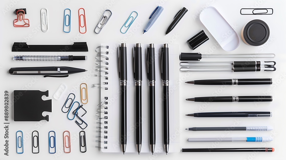 Artistic stationery and office supplies including pens, notebooks, and paper clips on a pristine white background. 32k, full ultra HD, high resolution Artistic stationery and office supplies including pens, notebooks, and paper clips on a pristine white background. 32k, full ultra HD, high resolution