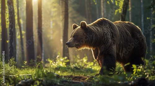 A wild bear explores a beautiful forest during golden hour, with rays of sunlight piercing through the trees, highlighting the bear's majestic presence. photo