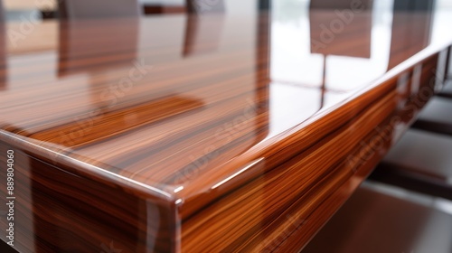 Close-up of a wooden table with high-gloss varnish in a business meeting room. Elegant wooden table with impeccable finish.