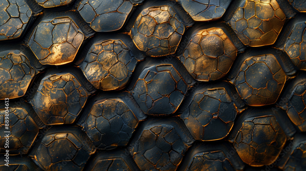 Close Up of a Dark Hexagonal Pattern With Gold Accents Close Up of a Dark Hexagonal Pattern With Gold Accents