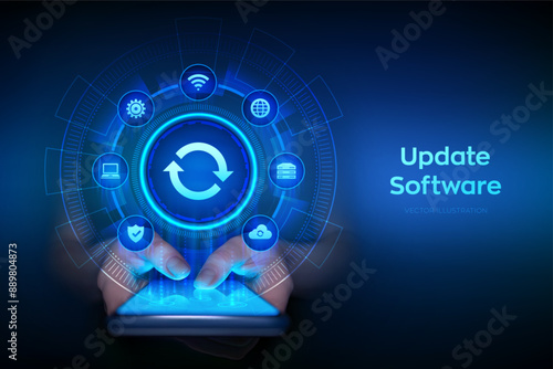 Update Software. Upgrade Software version concept. Computer program upgrade business technology internet concept. Smartphone in hands. Using smartphone. Vector illustration.