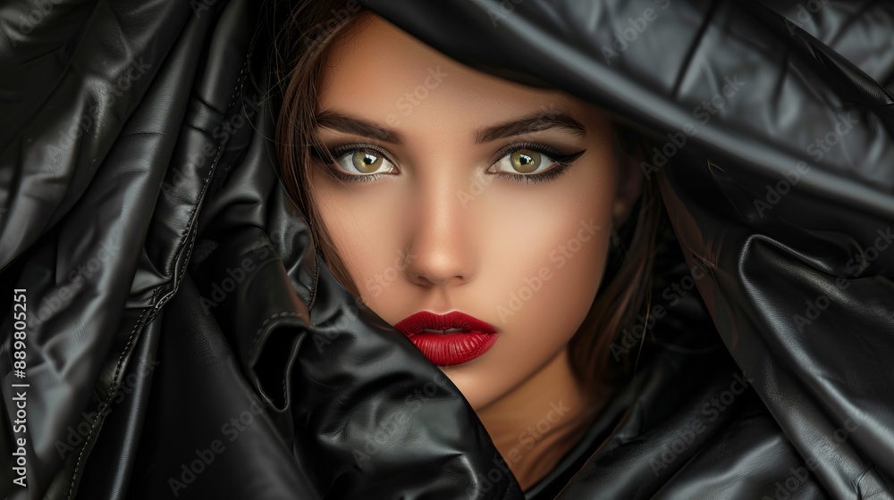 An intense close-up portrait of a woman with captivating eyes and red lips, surrounded by glossy black fabric, evoking a sense of allure and enigma. An intense close-up portrait of a woman with captivating eyes and red lips, surrounded by glossy black fabric, evoking a sense of allure and enigma.