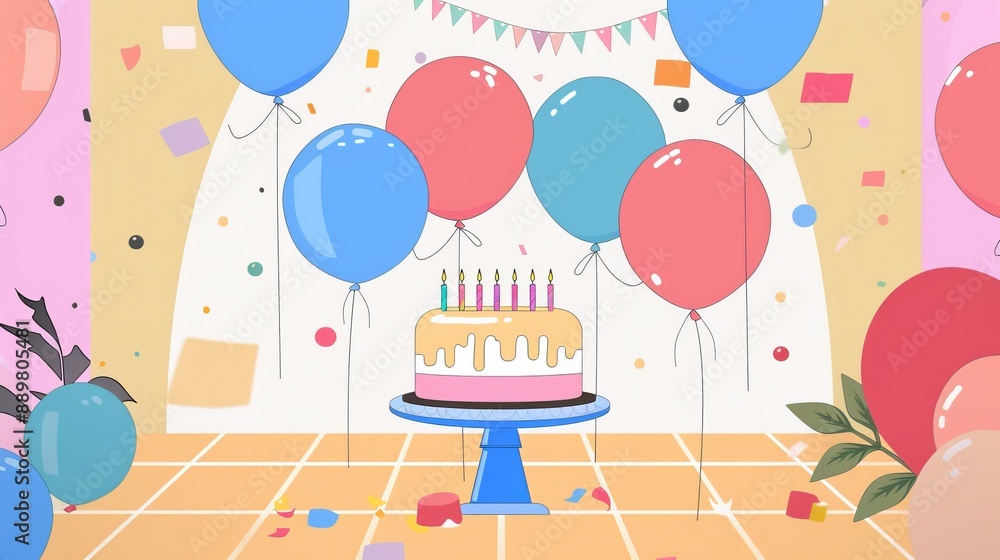 An animated illustration of a simple birthday party setup showcasing a decorated cake with candles on a stand, surrounded by colorful balloons, decorations, and confetti on the floor. An animated illustration of a simple birthday party setup showcasing a decorated cake with candles on a stand, surrounded by colorful balloons, decorations, and confetti on the floor.