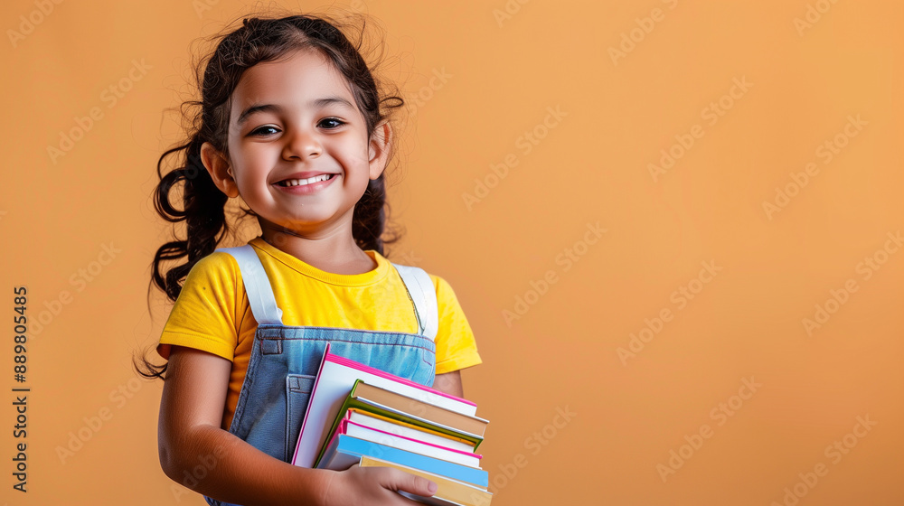 Young Girl Holding Stack of Books Against Orange Background Young Girl Holding Stack of Books Against Orange Background