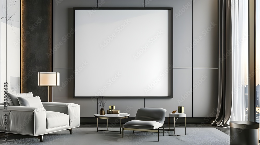 A minimalist living room with grey walls, modern furniture, and a large blank canvas, creating a sleek and contemporary atmosphere A minimalist living room with grey walls, modern furniture, and a large blank canvas, creating a sleek and contemporary atmosphere