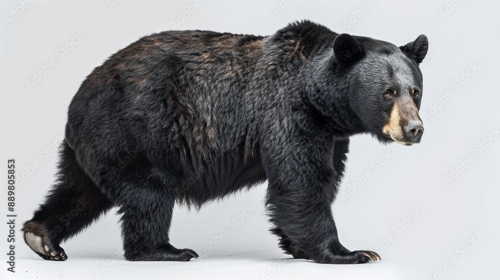 This image features a black bear standing on all fours against a plain white background, showcasing its dark fur and strong build in sharp detail. This image features a black bear standing on all fours against a plain white background, showcasing its dark fur and strong build in sharp detail.