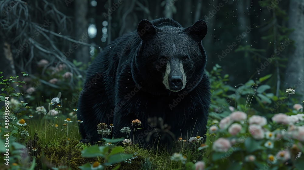 A majestic black bear moves through a lush forest, surrounded by blooming flowers and dense foliage, creating a vibrant representation of nature's bounty. A majestic black bear moves through a lush forest, surrounded by blooming flowers and dense foliage, creating a vibrant representation of nature's bounty.