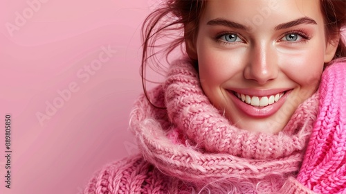 The woman is wearing a pink scarf and has a happy expression on her face. She has flawless skin and bright blue eyes. The background is a soft pink color. The image is taken in a studio.