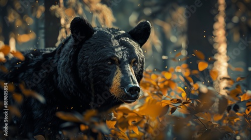 This stunning image captures a black bear moving through lush undergrowth, its dark fur stark against the vibrant green and gold hues, evoking a sense of mystery. photo