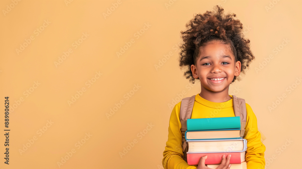 Smiling Young Girl Holding Stack of Books in Front of Yellow Background Smiling Young Girl Holding Stack of Books in Front of Yellow Background
