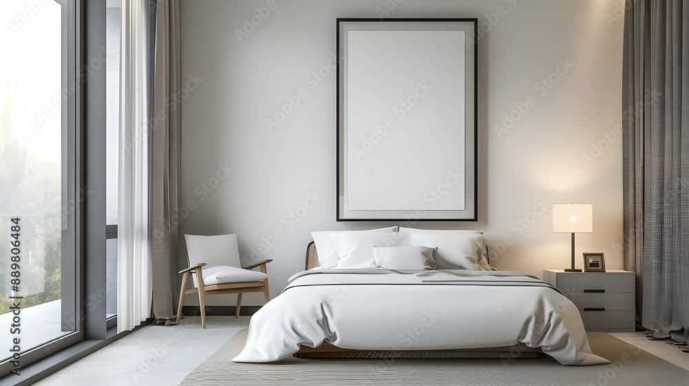 A modern bedroom with light grey walls and a large framed canvas above the bed, creating a tranquil and sophisticated ambiance A modern bedroom with light grey walls and a large framed canvas above the bed, creating a tranquil and sophisticated ambiance