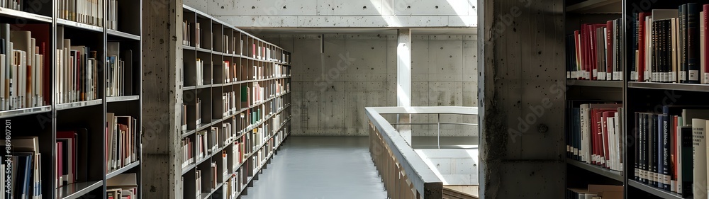 Modern library interior with rows of bookshelves and a minimalist concrete design, perfect for educational themes, architecture, and knowledge-based visuals. Modern library interior with rows of bookshelves and a minimalist concrete design, perfect for educational themes, architecture, and knowledge-based visuals.