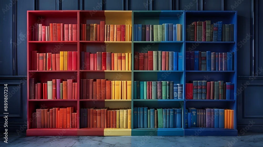 A colorful bookshelf filled with a variety of books, perfect for education, reading, and library-themed projects. A colorful bookshelf filled with a variety of books, perfect for education, reading, and library-themed projects.