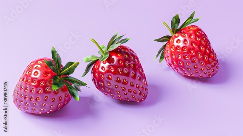 A photo of three strawberries on a purple background. photo