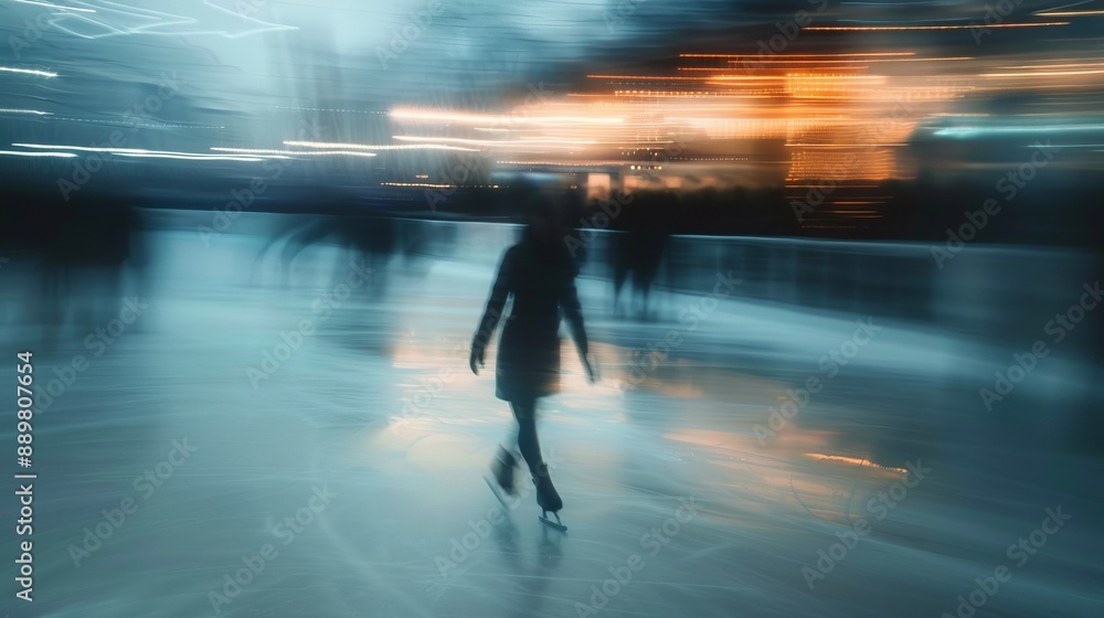 A solitary figure skates leisurely on an ice rink illuminated by bright lights, evoking a serene and calm atmosphere. The image captures the beauty of nighttime skating. A solitary figure skates leisurely on an ice rink illuminated by bright lights, evoking a serene and calm atmosphere. The image captures the beauty of nighttime skating.