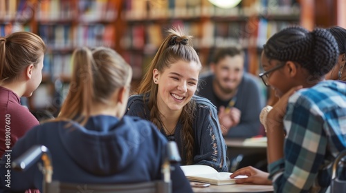 Young student girl with disability cooperating on class project in library with college friends, using wheelchair, sitting at table, talking, chatting with classmates, laughing