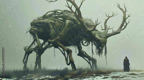 Haunting Dystopian Creature in a Surreal Apocalyptic Landscape   A nightmarish twisted entity emerges from the mist hinting at a grim unsettling future  This digital