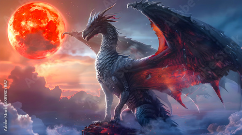 Majestic feathered dragon with two wings soaring through a dramatic stormy sky under a fiery red moon  The powerful mythical creature is surrounded by clouds and an atmospheric celestial landscape photo