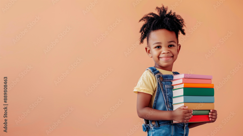 Young Girl Holding Colorful Books Against a Peach Background Young Girl Holding Colorful Books Against a Peach Background