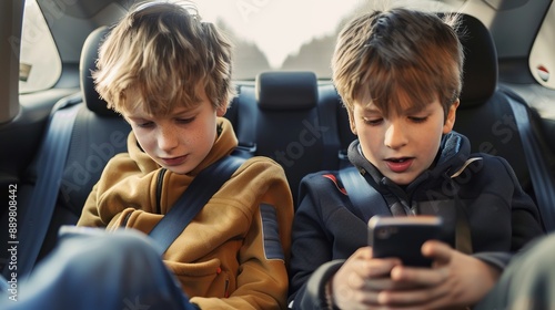 Two young boys are sitting in the backseat of a car with their seatbelts on, focusing intently on a smartphone, likely playing a game or watching a video. photo