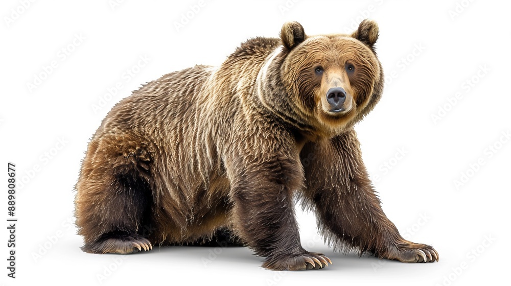 Fototapeta premium Close-up image of a bear sitting down on a plain white background, highlighting its facial details and fur texture, capturing the bear’s calm and introspective demeanor in a neutral setting.