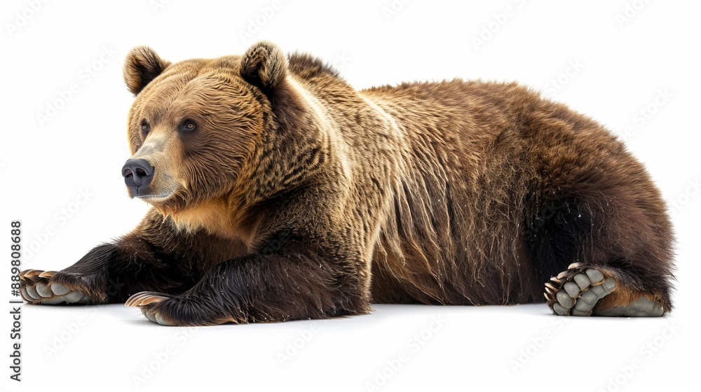 Fototapeta premium A serene grizzly bear is laying down with its head slightly elevated, gazing to the side, showing a peaceful moment in its natural stance against a white background, exuding tranquility.