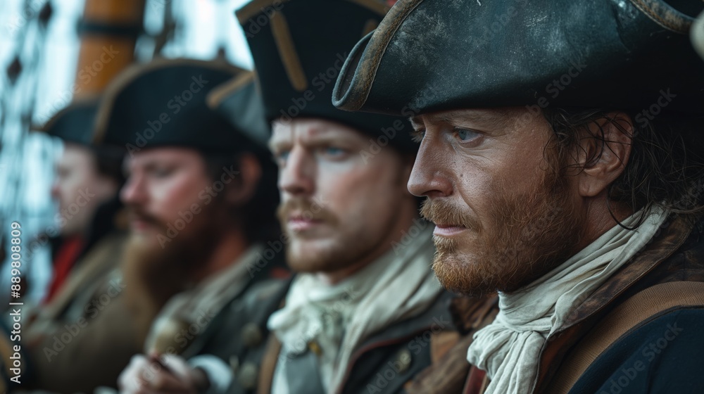 Portrait of pirates on a ship, sailing at sea Portrait of pirates on a ship, sailing at sea