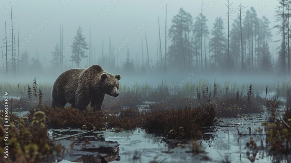 A lone bear is seen walking through a misty marsh within a quiet woodland area, reminding viewers of the peaceful and mysterious beauty of untamed nature. A lone bear is seen walking through a misty marsh within a quiet woodland area, reminding viewers of the peaceful and mysterious beauty of untamed nature.