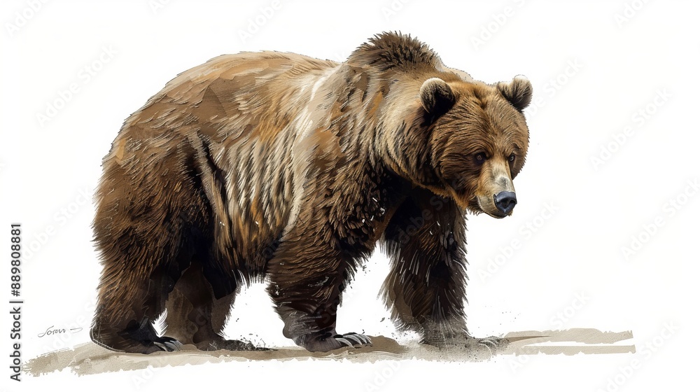 Fototapeta premium A highly detailed painting of a majestic brown bear standing on a clean, white background, showcasing its dense fur and powerful stance in close-up view.