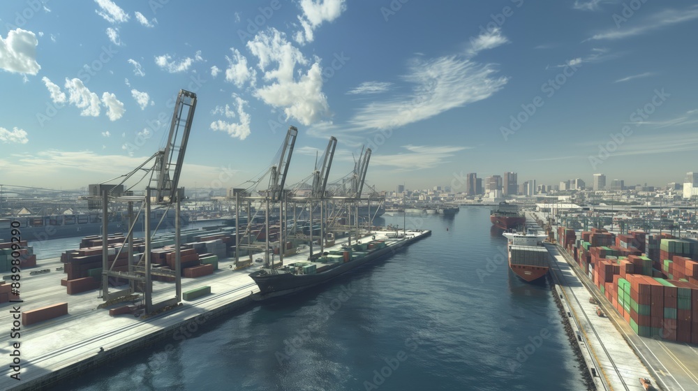 Fototapeta premium Long Beach container shipping post docks with cranes unloading containers from ships, during daylight hours
