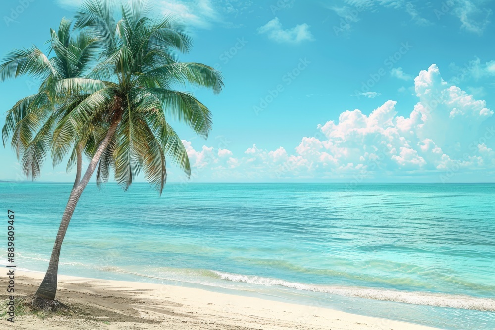 Scenic photograph of a solitary palm tree on a pristine beach with clear blue skies capturing the tranquility and beauty of the tropics Scenic photograph of a solitary palm tree on a pristine beach with clear blue skies capturing the tranquility and beauty of the tropics