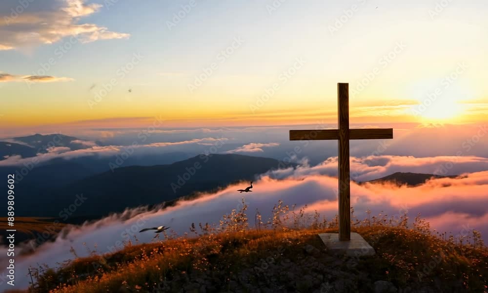 A wooden Christian cross on a mountain top, bathed in golden sunset light, with fluffy clouds floating below A wooden Christian cross on a mountain top, bathed in golden sunset light, with fluffy clouds floating below