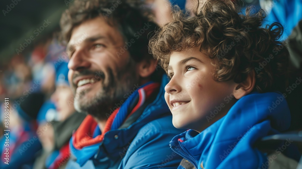 A father and son, dressed in blue jackets, seated closely attending a live sports event, sharing a moment of excitement and bonding in the crowd. A father and son, dressed in blue jackets, seated closely attending a live sports event, sharing a moment of excitement and bonding in the crowd.
