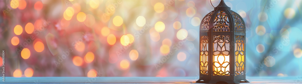 Ornate Lantern With Candlelight Against Bokeh Background Ornate Lantern With Candlelight Against Bokeh Background