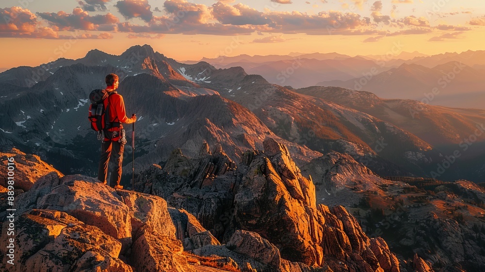 Obraz premium A serene and awe-inspiring image capturing a hiker standing atop a mountain peak during sunset, taking in the vast, sweeping view of the surrounding scenic landscape.
