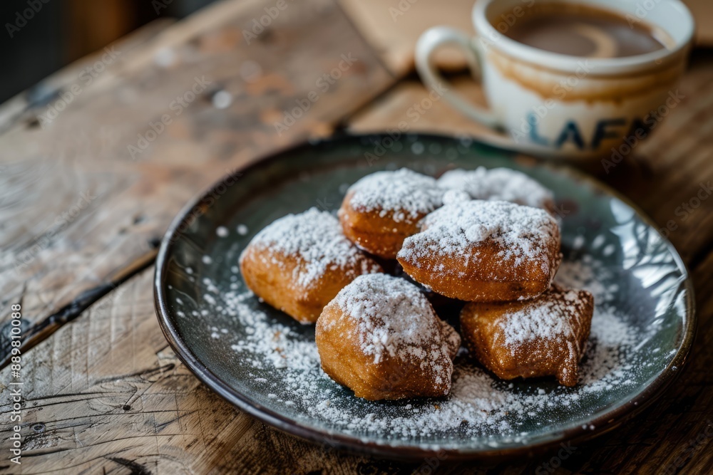 Beignets. New Orleans beignets. A beautifully plated dish of beignets generously dusted with powdered sugar, set on a rustic wooden table with a cup of coffee. Beignets. New Orleans beignets. A beautifully plated dish of beignets generously dusted with powdered sugar, set on a rustic wooden table with a cup of coffee.