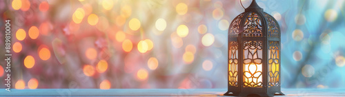 Ornate Lantern With Candlelight Against Bokeh Background