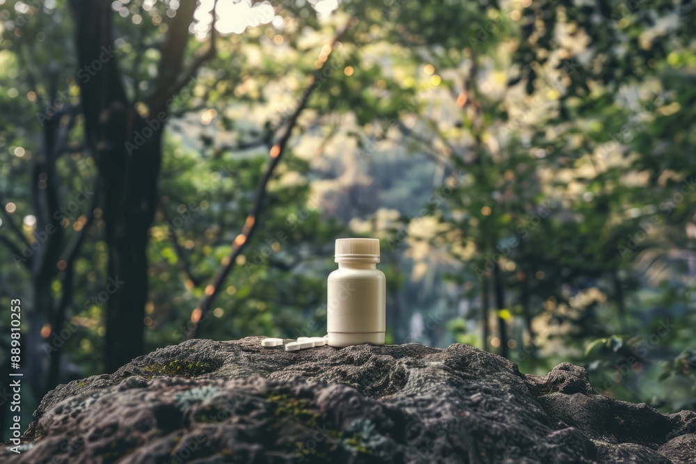 Gym supplies creatine monohydrate capsules mockup jar for bodybuilding. A creative shot of a creatine supplement bottle placed on a rock with a natural outdoor setting in the background
