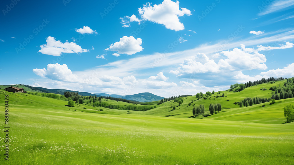 Expansive Green Landscape with Rolling Hills and a House Under a Clear Sky Expansive Green Landscape with Rolling Hills and a House Under a Clear Sky