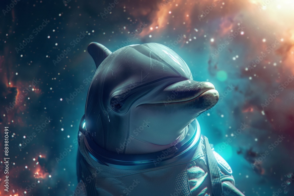 Dolphin in space,dolphin astronaut suit. A close-up shot of a dolphin wearing a specially designed spacesuit, swimming gracefully through the void of space. Dolphin in space,dolphin astronaut suit. A close-up shot of a dolphin wearing a specially designed spacesuit, swimming gracefully through the void of space.