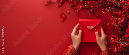 Woman Holding Red Envelope With Gold Detail on Red Background