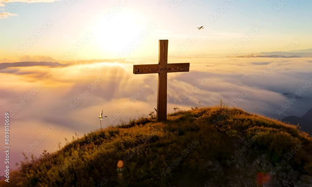 A wooden Christian cross on a mountain top, bathed in golden sunset light, with fluffy clouds floating below A wooden Christian cross on a mountain top, bathed in golden sunset light, with fluffy clouds floating below