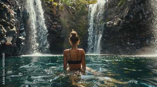 Fototapeta Naklejka Na Ścianę i Meble -  A woman in a black swimsuit swims in a serene jungle pool with two cascading waterfalls in the background, enjoying the refreshing water and natural beauty surrounding her.