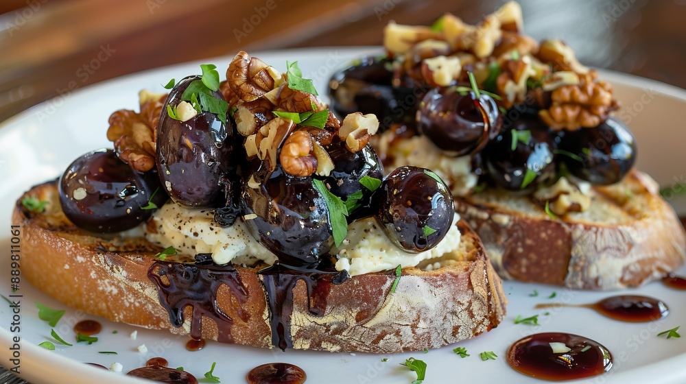 A delectable serving of gourmet toast topped with juicy grapes, crunchy walnuts, creamy cheese, and fresh herbs, drizzled with a balsamic reduction.