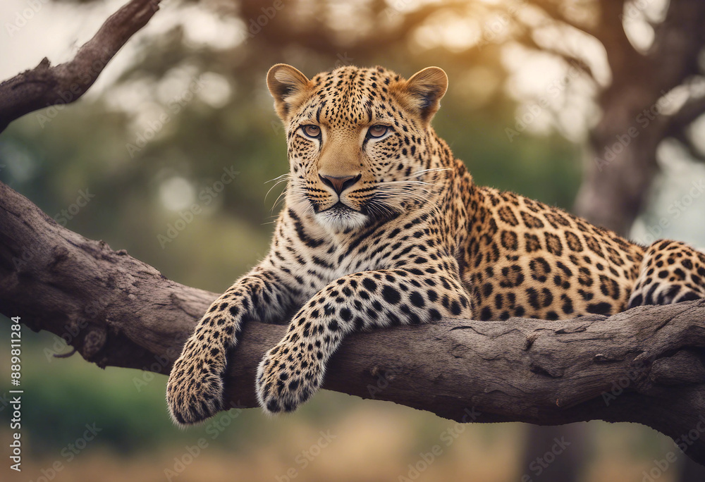 Fototapeta premium A leopard lying gracefully on a high tree branch, with a panoramic view of the savanna. 