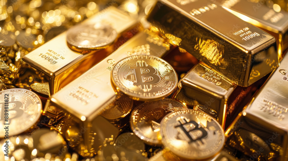 Gold Bars and Bitcoin Coins in Close-Up Shot Gold Bars and Bitcoin Coins in Close-Up Shot