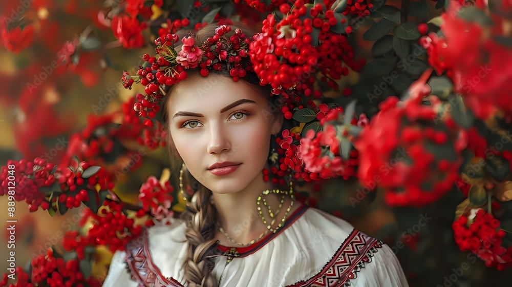 Portrait of a woman adorned with a floral wreath, capturing natural beauty and tradition. Perfect for themes of culture, fashion, and elegance.