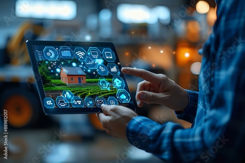 Person using a smart home control tablet, symbolizing modern technology and convenience. Ideal for themes of innovation, smart living, and digital home.