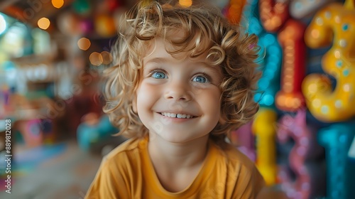 Smiling curly-haired child with bright blue eyes, capturing innocence and joy. Ideal for themes of childhood, happiness, and portraits.