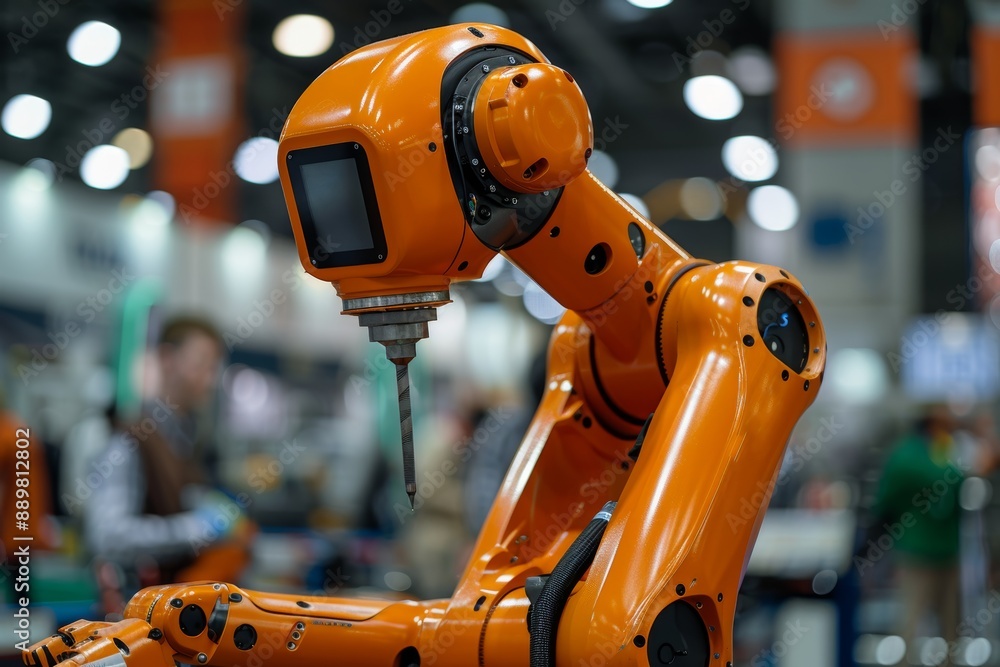 Close-up photo of a high-tech robotic arm used in manufacturing processes. This orange robotic arm is powerful and precise, capable of performing various functions with great accuracy. Close-up photo of a high-tech robotic arm used in manufacturing processes. This orange robotic arm is powerful and precise, capable of performing various functions with great accuracy.